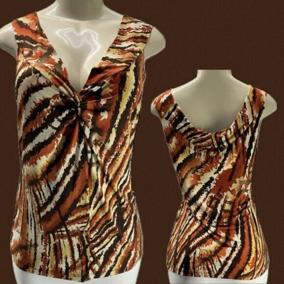 Vintage Suzie S Coral-Brown Swirl Lines Print V-Knotted Neckline Sleeveless Top - Picture 1 of 6